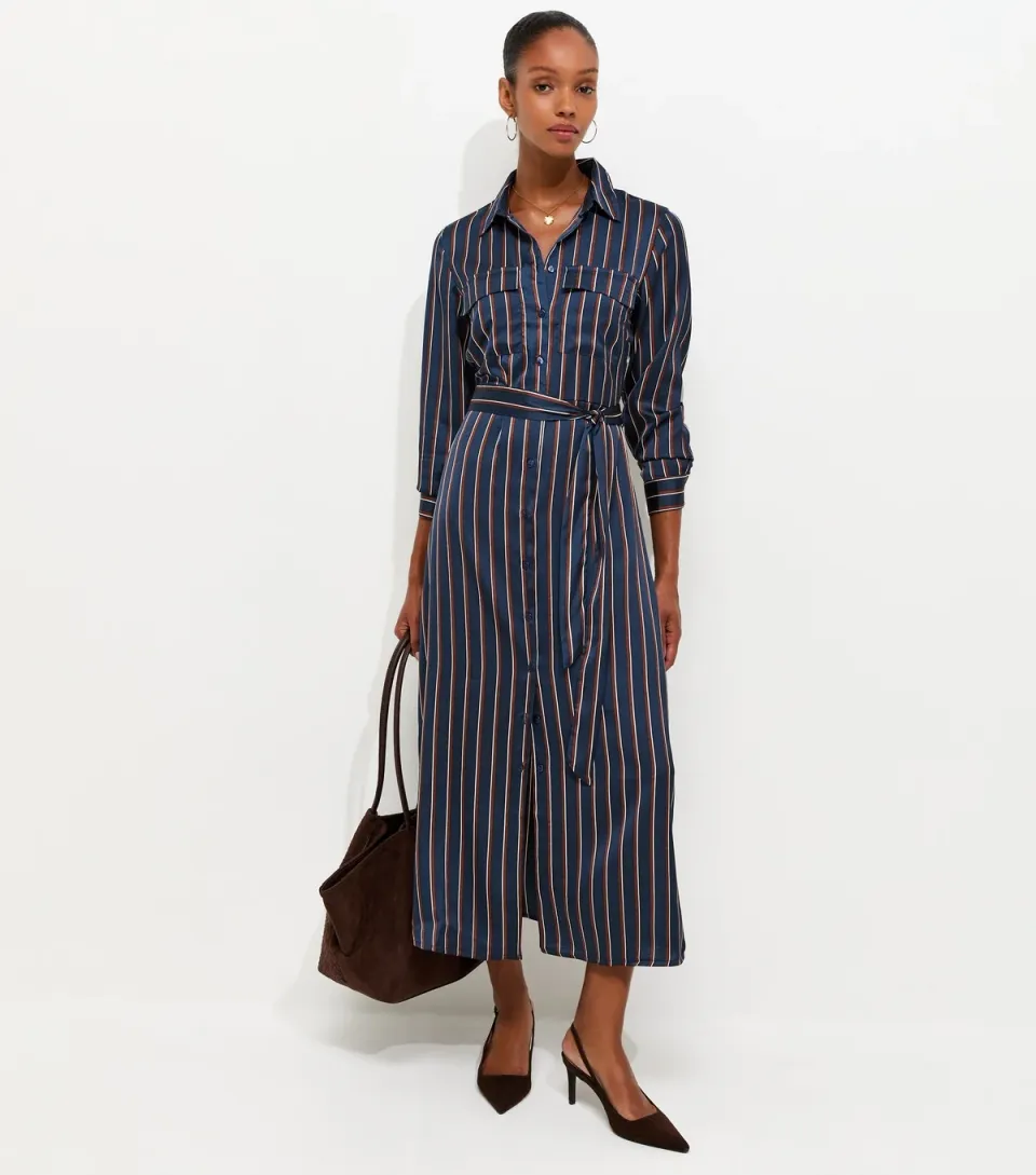 Women's Blue Satin Striped Midi Shirt Dress