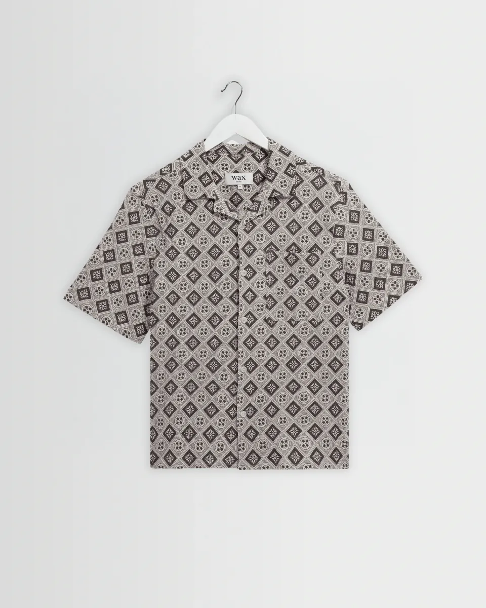 Didcot - Ecru and Black Tile Print Short-Sleeve Shirt