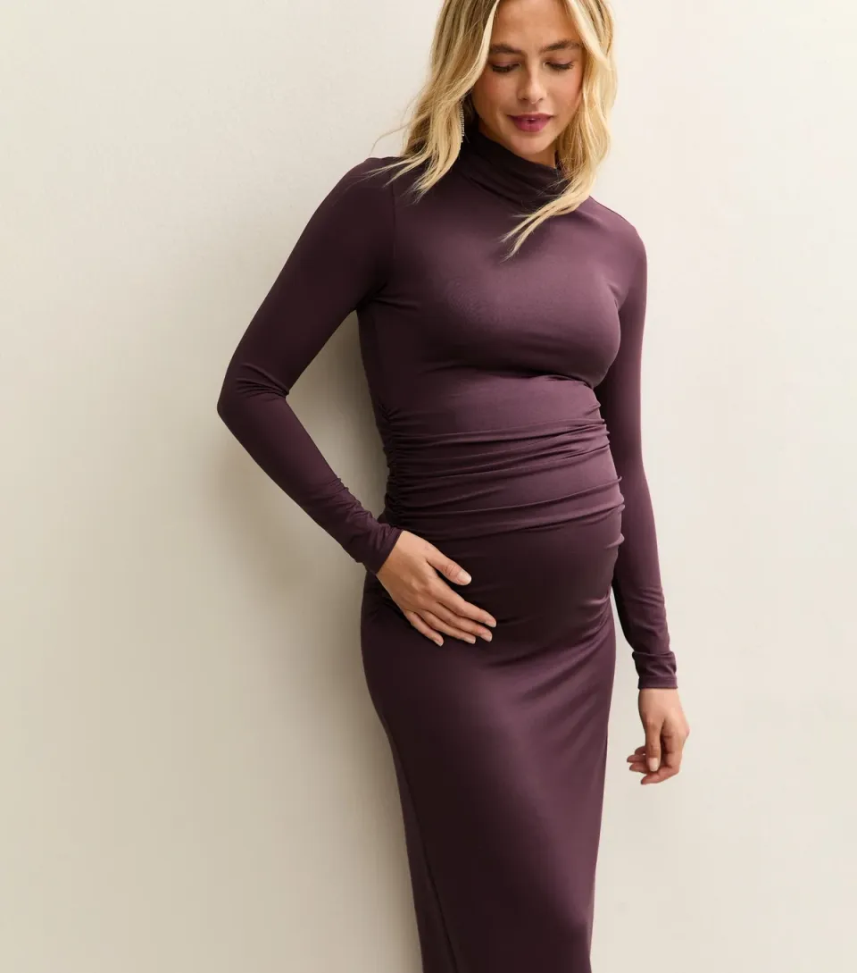 Women's Maternity Black Ruched Jersey Midi Dress