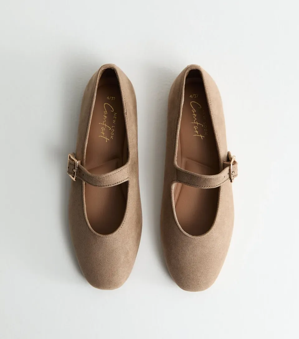 Women's Light Brown Faux Suede High Vamp Mary Jane Ballerina Flats