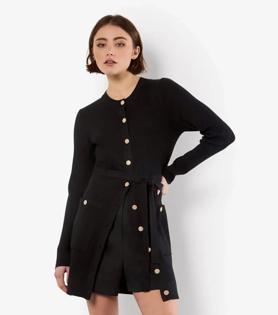Women's Black Button Ribbed Mini Dress