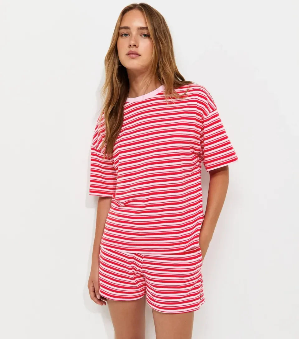 Women's Pink Cotton Striped Boxy Crew Neck T-Shirt