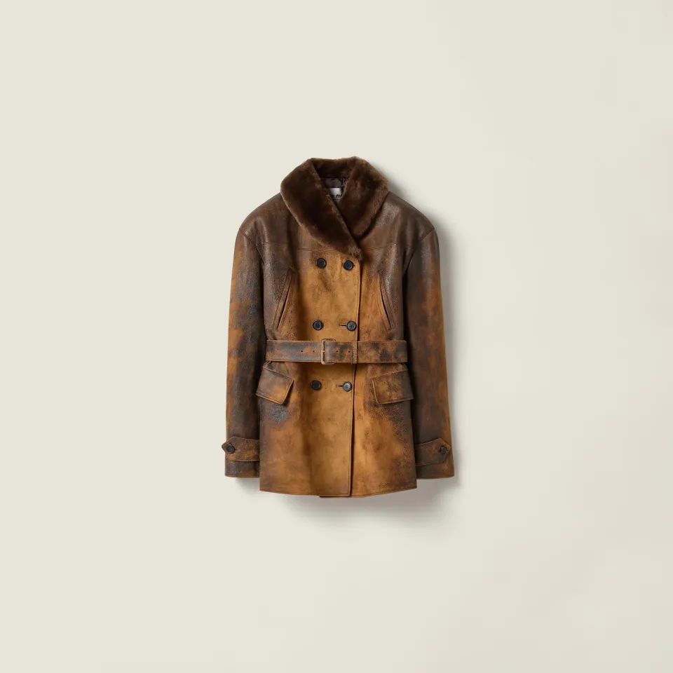 Double-breasted waxed suede caban jacket