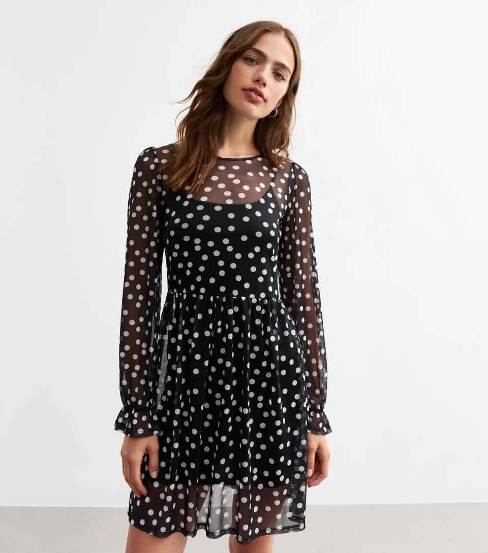 Women's Black Polka Dot Mesh Long Sleeve Mini Smock Dress