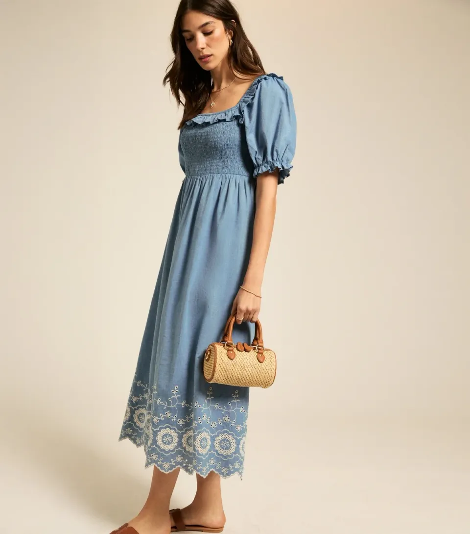 Women's Blue Floral Embroidered Frilly Trim Midi Dress