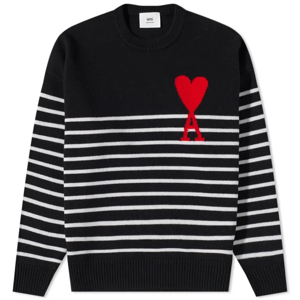 AMI Large A Heart Striped Crew Knit