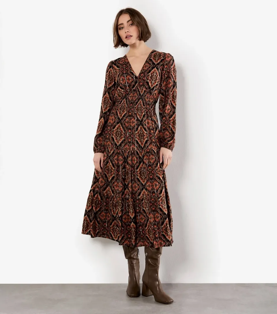 Women's Black Empire Line Smocked Printed Dress