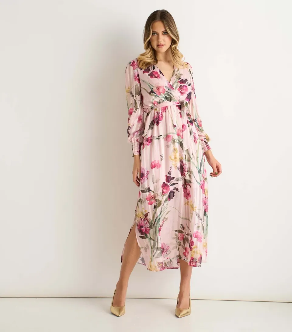 Women's Light Pink Wrap Floral Midi Dress
