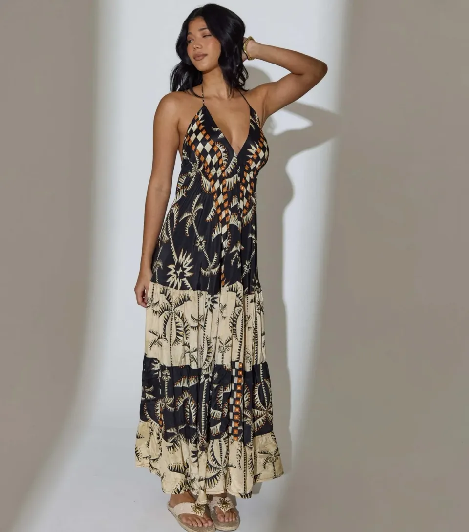Women's Black Tiered Halterneck Maxi Dress