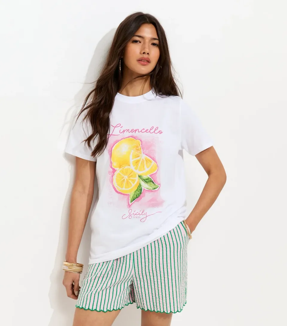 Women's White Cotton Limoncello Print Relaxed T-Shirt
