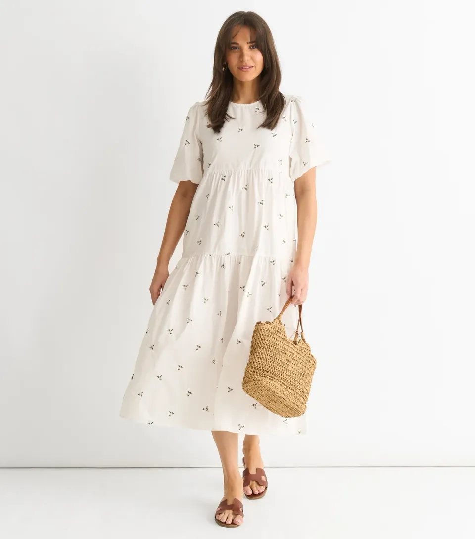 Women's White Floral Embroidered Tiered Midi Smock Dress
