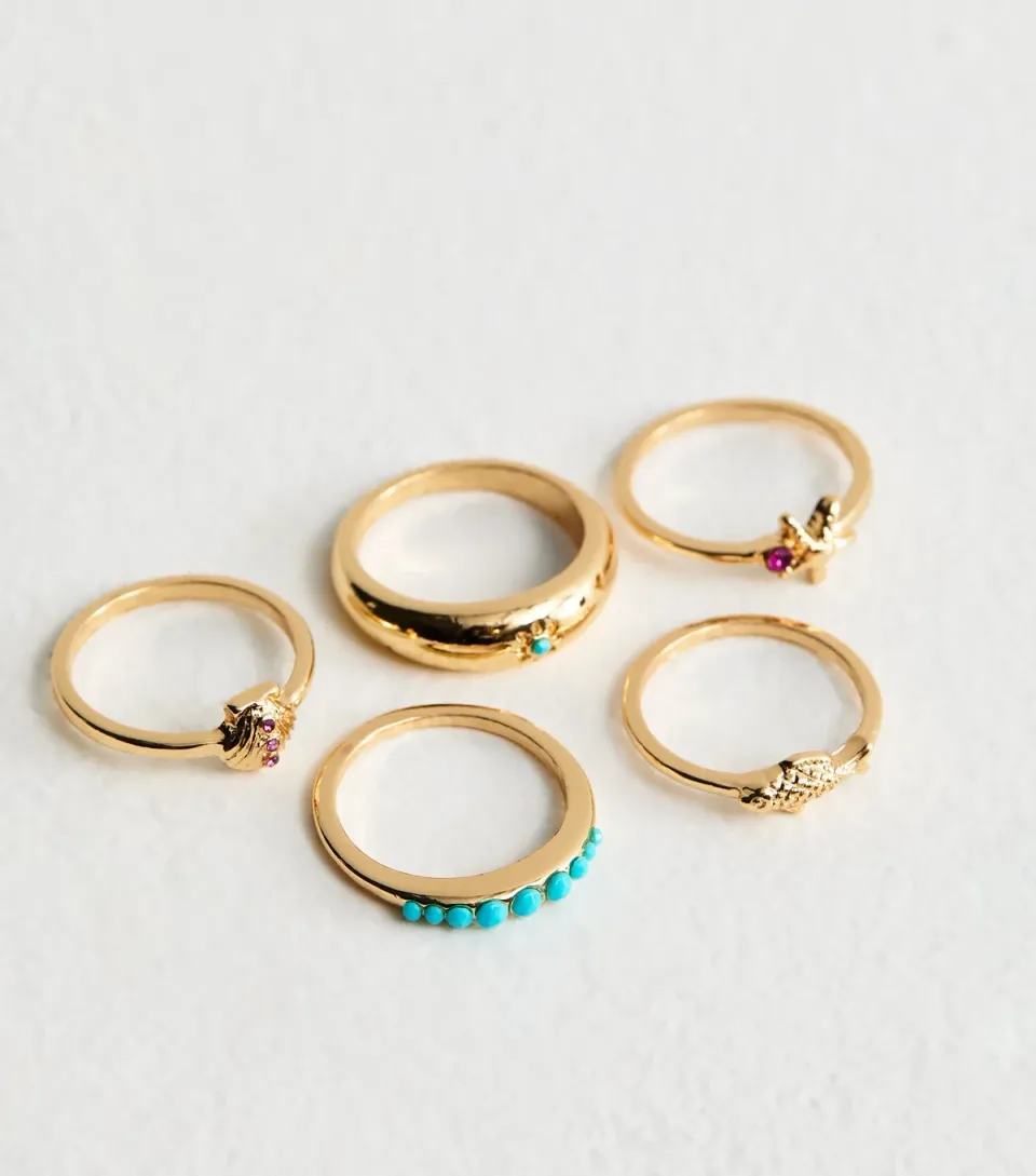 Pack of 5 Gold Tone Beach Charm Rings