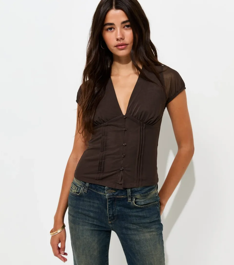 Women's Dark Brown Mesh Jersey V-Neck Top