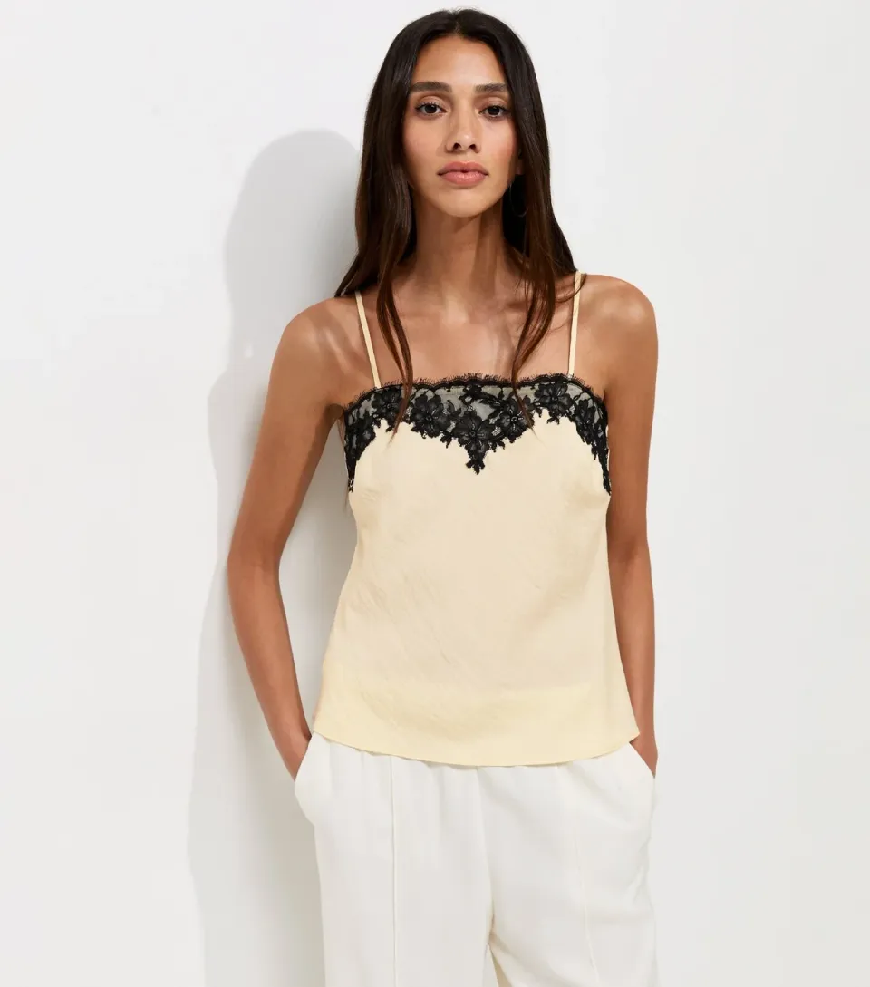 Women's Cream Woven Lace Trim Cami Top