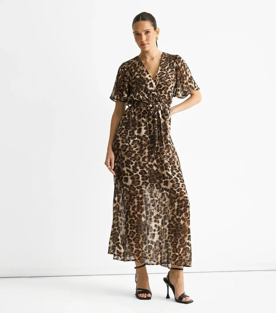 Women's Brown Animal Print Wrap Midi Dress