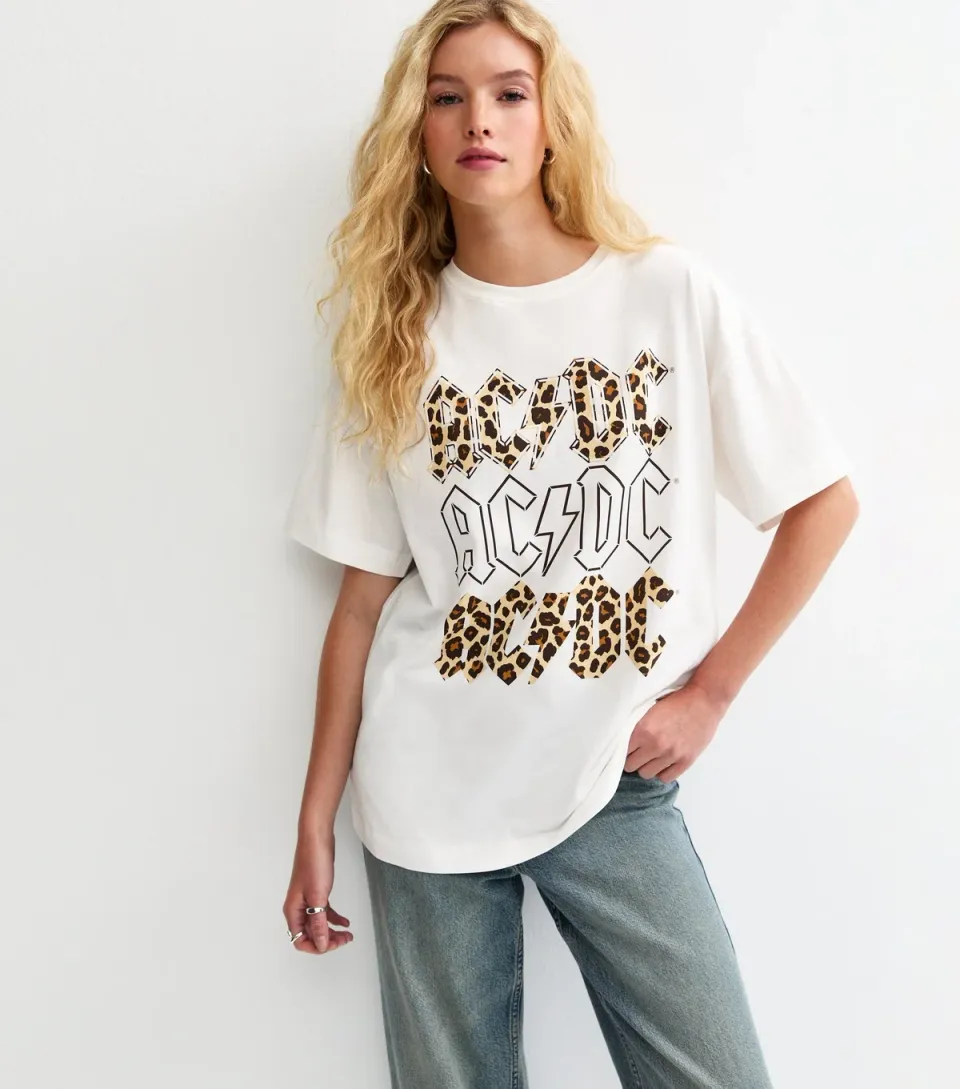 Women's White ACDC Leopard Print Oversized T-Shirt