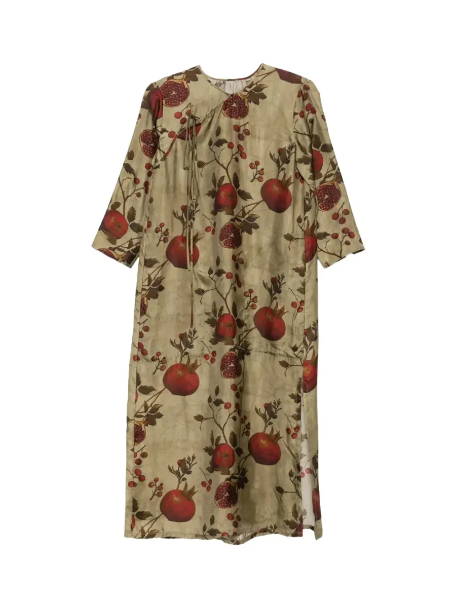 Women's pomegranate-print tie-front midi dress Green/red