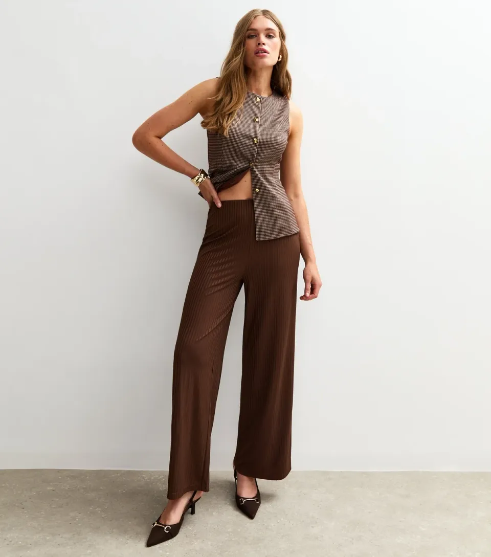 Women's Brown Ribbed Wide Leg Trousers