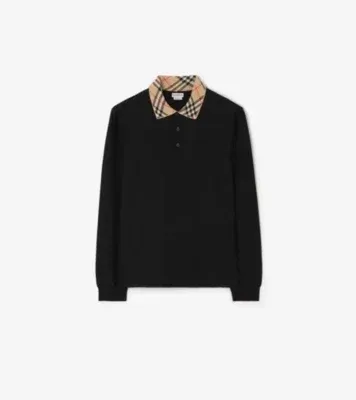 Long-sleeve Check Collar Cotton Polo Shirt in Black