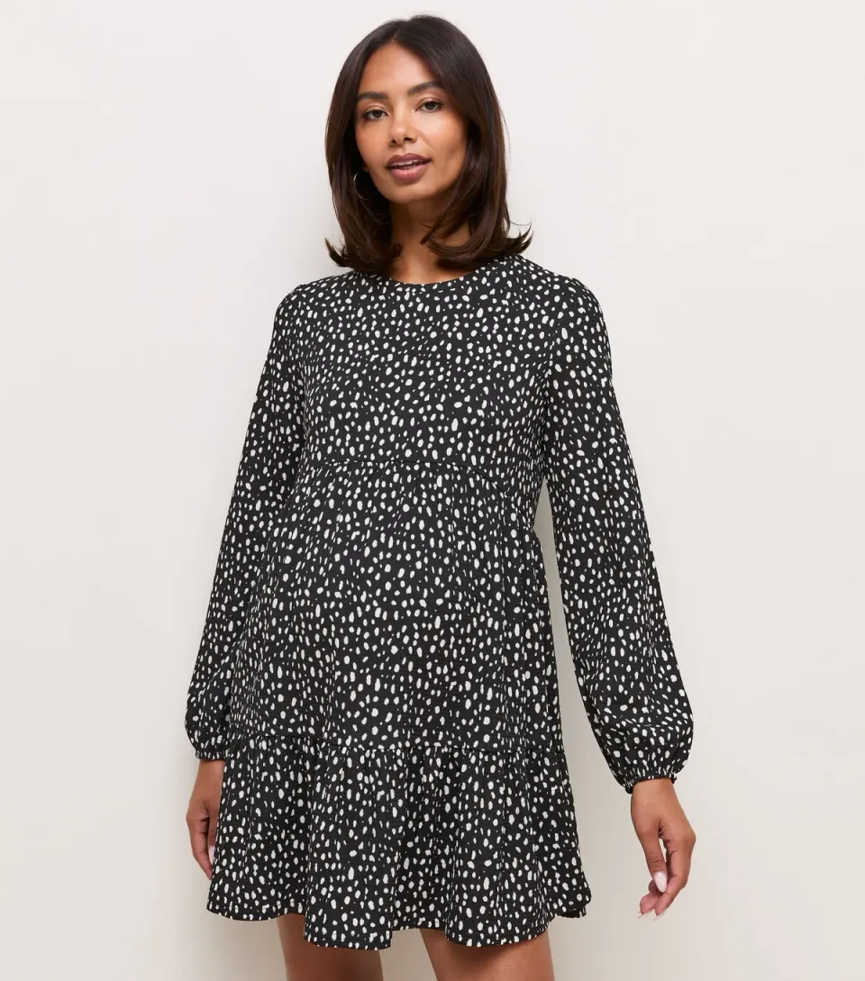 Women's Maternity Black Patterned Long Sleeve Crinkle Texture Smock Mini Dress