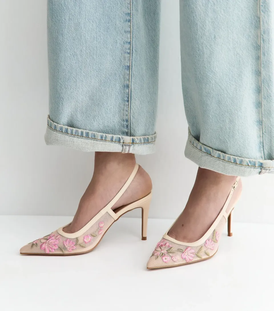 Women's Off White Floral Embroidered Mesh Slingback Court Shoes Vegan