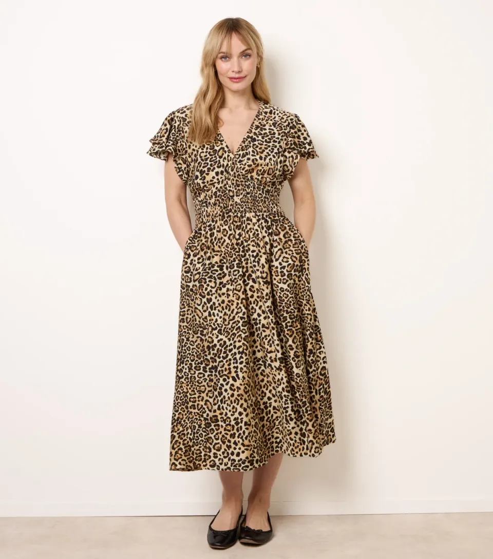 Women's Brown Animal Print Midi Dress