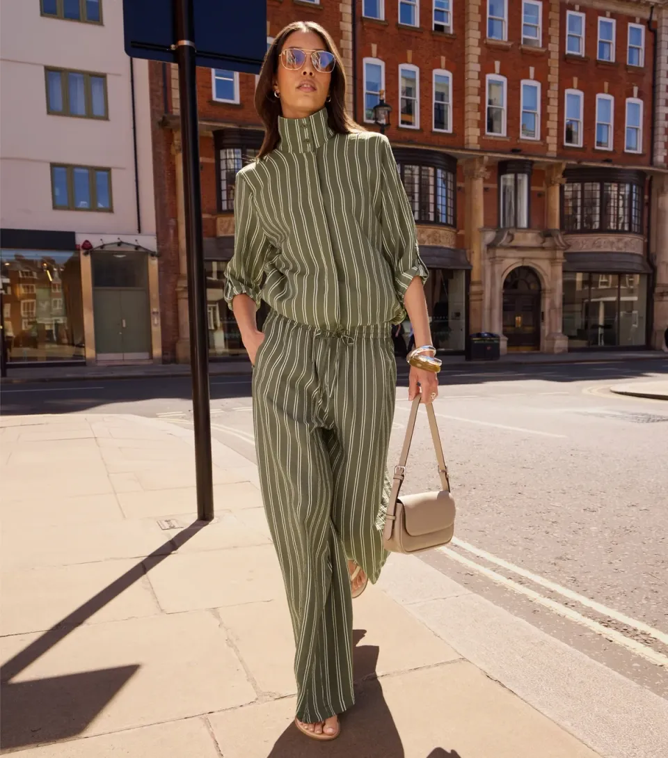 Women's Green Striped Drawstring Wide Leg Trousers