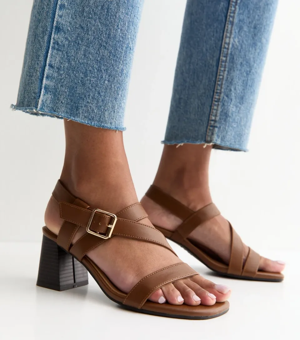 Women's Wide Fit Tan Faux Leather Mutli Strap Block Heel Sandals Vegan