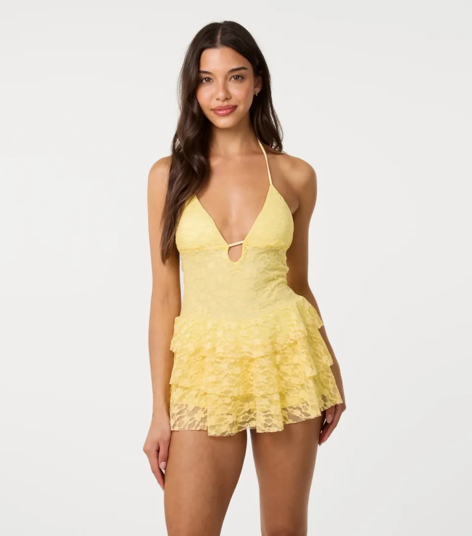 Women's Light Yellow Lace Halter Neck Mini Dress