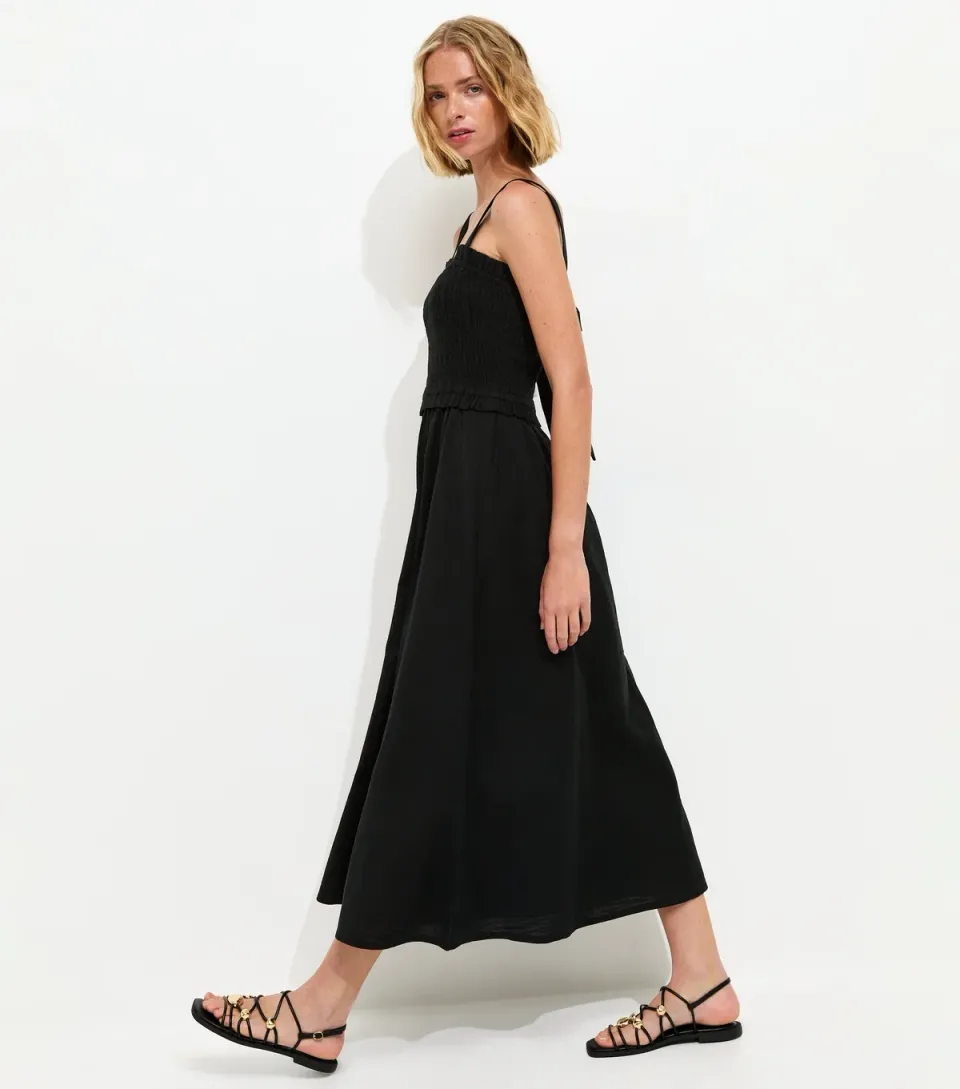 Women's Black Cotton Shirred Bow Strap Midi Dress