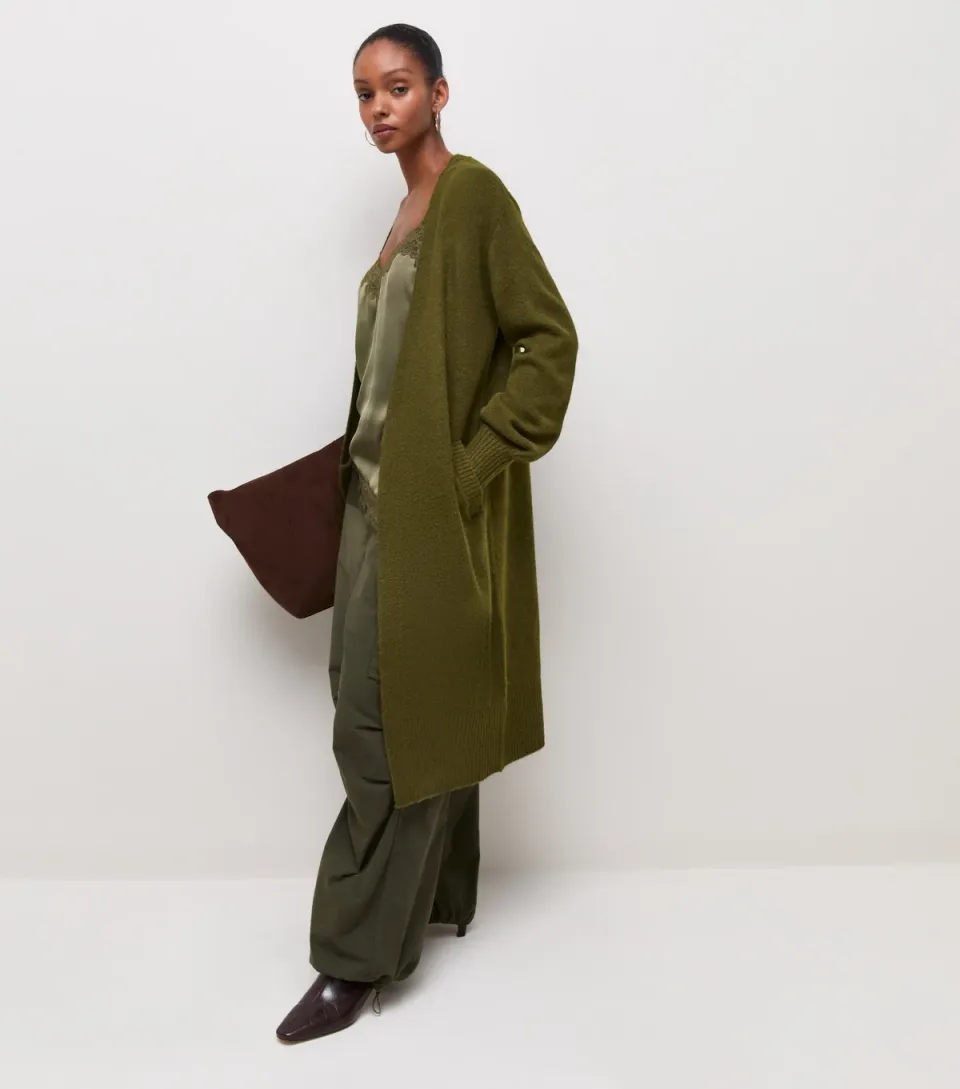 Women's Dark Khaki Midweight Knit Side Pocket Mid Length Cardigan