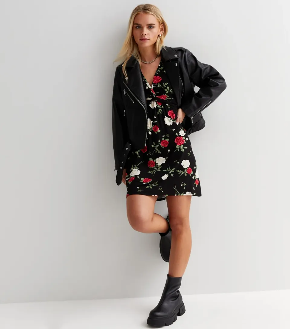 Women's Petite Black Floral V Neck Twist Front Mini Dress