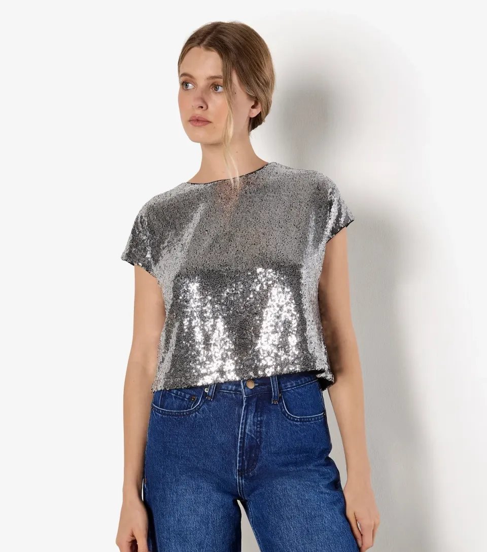 Women's Silver Flat Sequin Cropped Tee