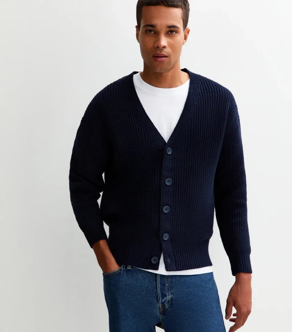 Men's Dark Blue Relaxed Fit Long Sleeve Fisherman Knit Cardigan