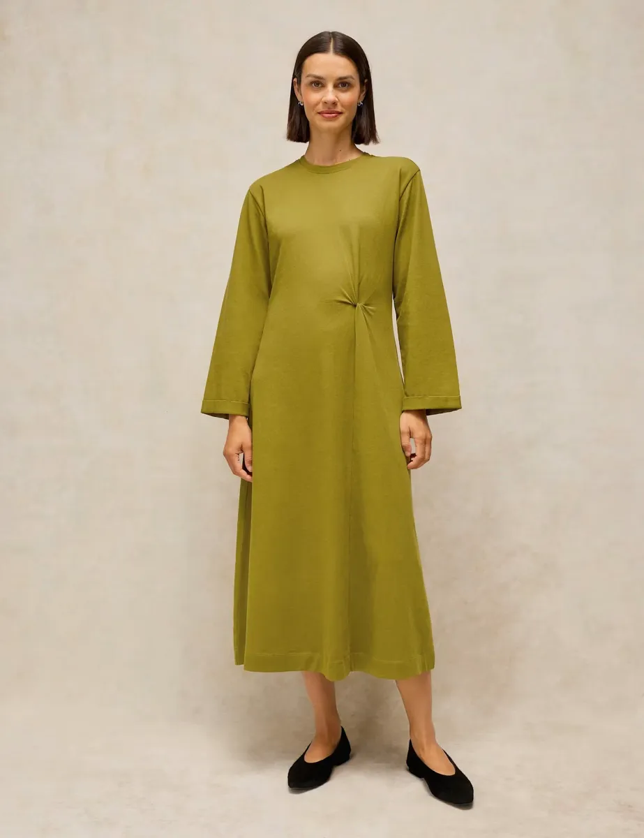 Gracie Pure Cotton Crew Neck Midi Twist Dress Medium Green