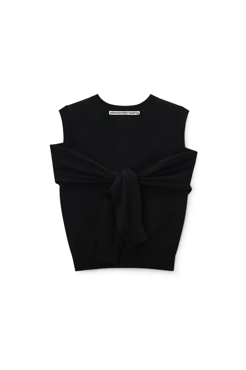 Layered V-Neck Vest with Tie-Front Cardigan Detail