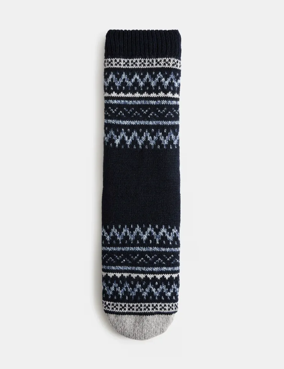 Wool Blend Fair Isle Slipper Socks Navy Mix