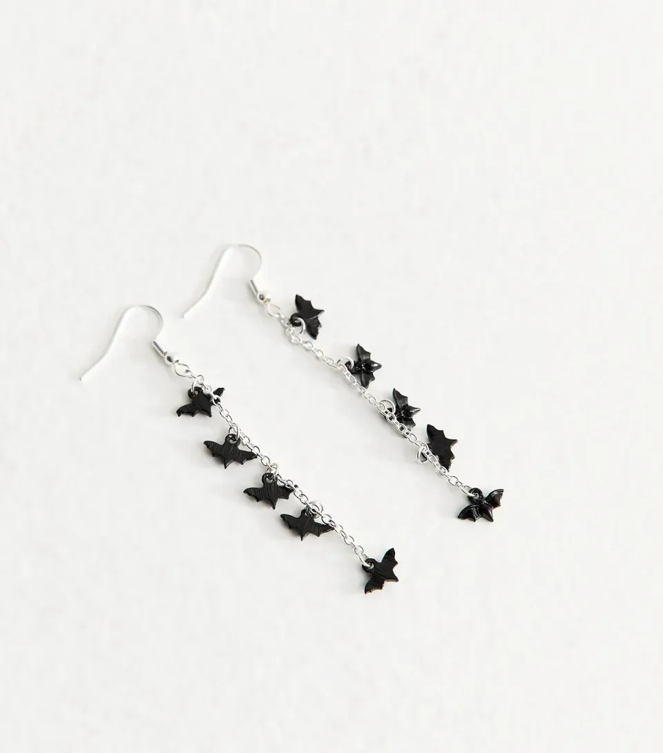 Silver Tone Halloween Bat Charm Drop Earrings