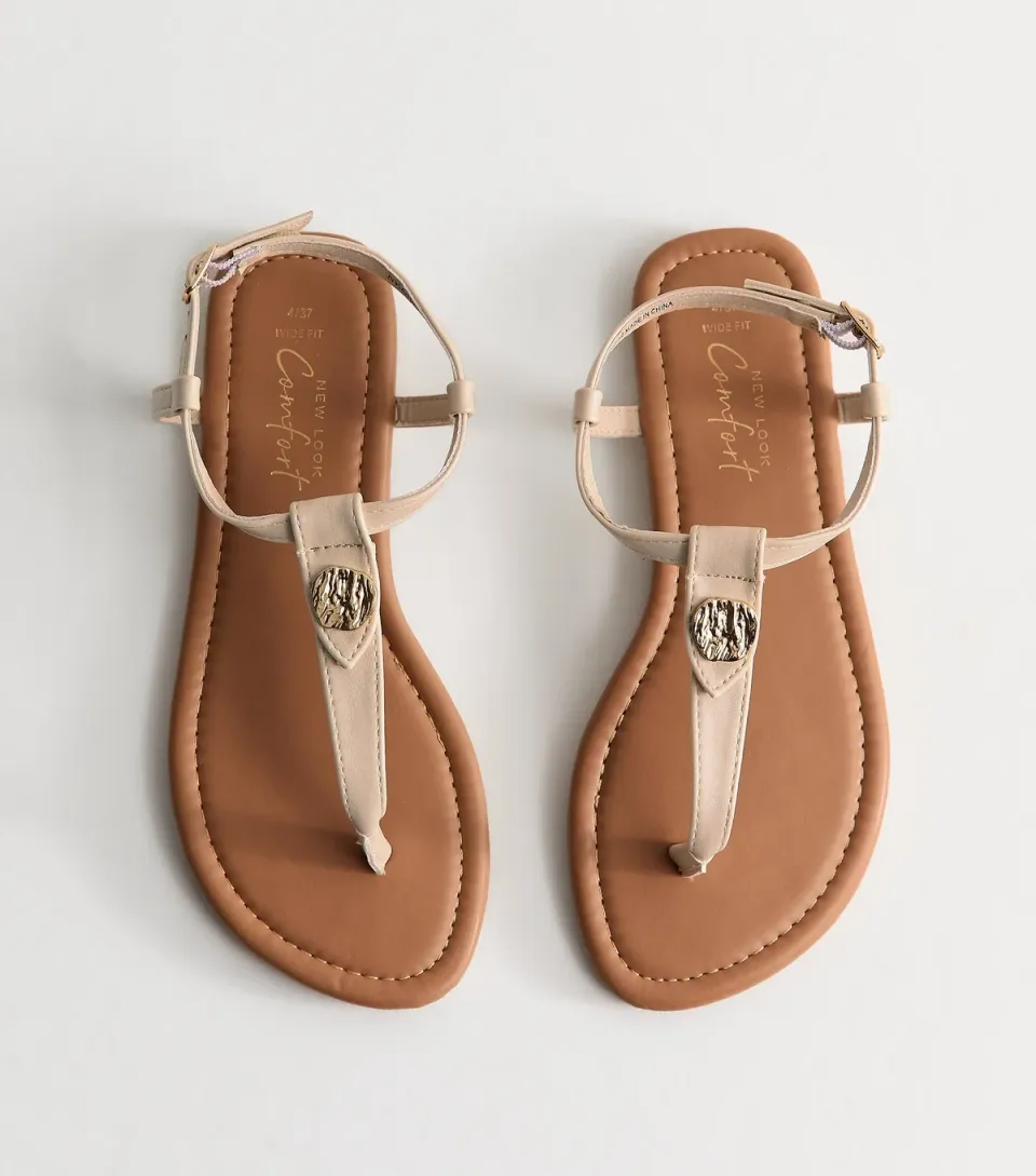Women's Wide Fit White Faux Leather Hardware Detail Toe Post Sandals Vegan