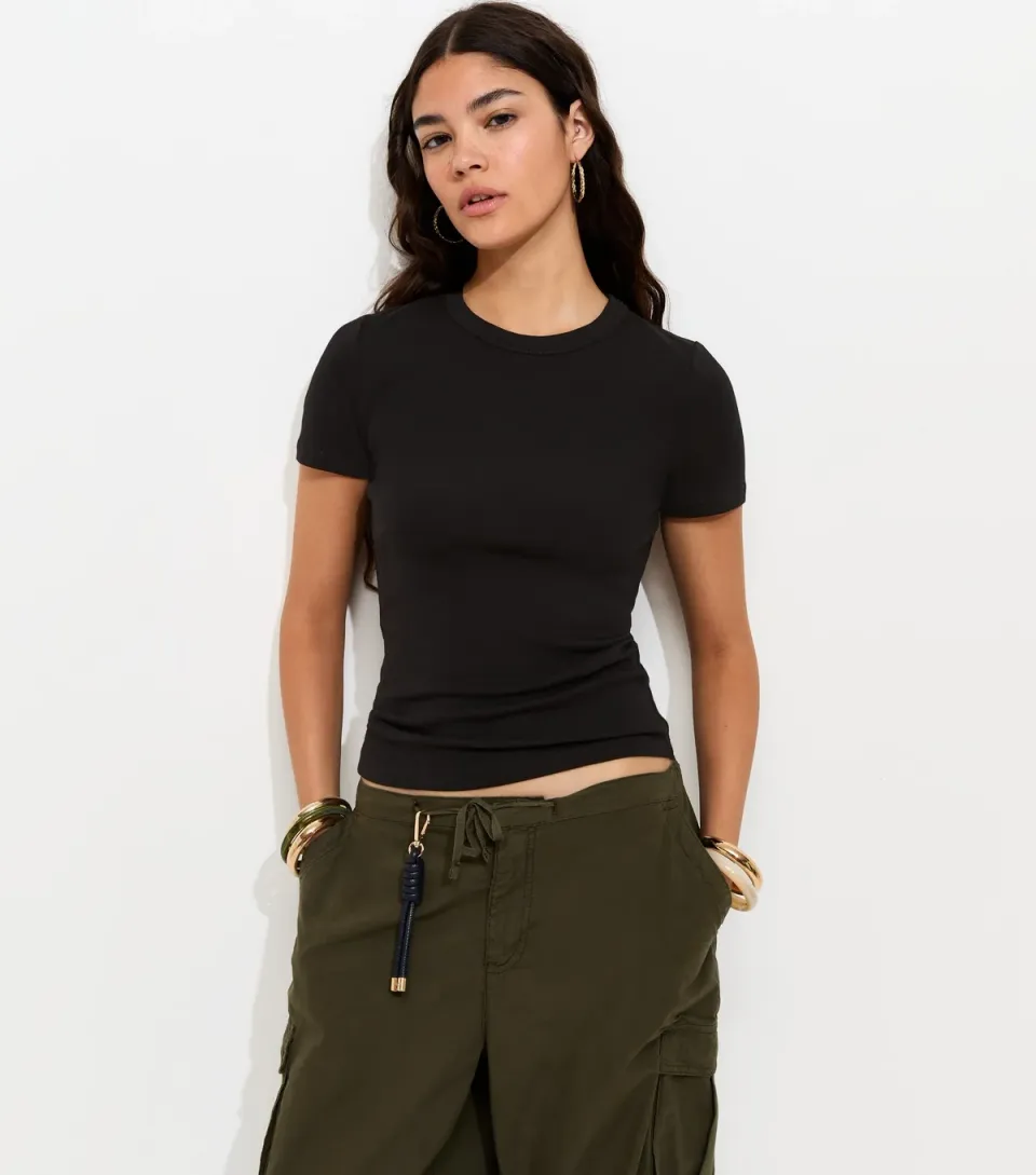 Women's Black Cotton Rich Crew Neck Top