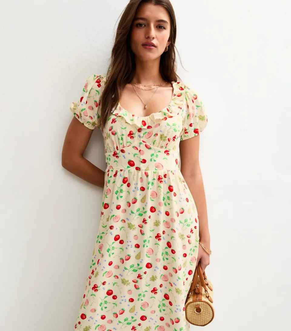 Women's Cream Fruit Print Ruffle Trim Faux Button Tea Midi Dress