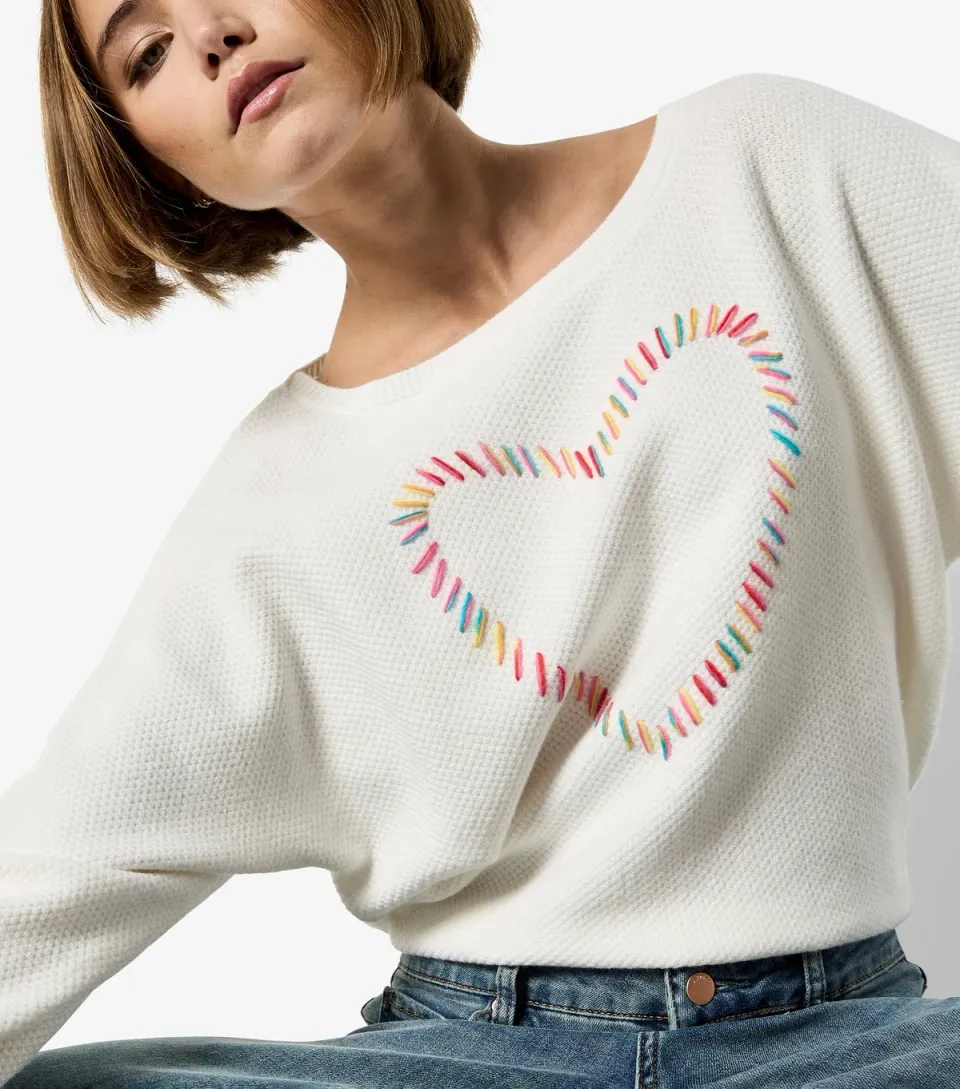 Women's Cream Heart Stitched Jumper