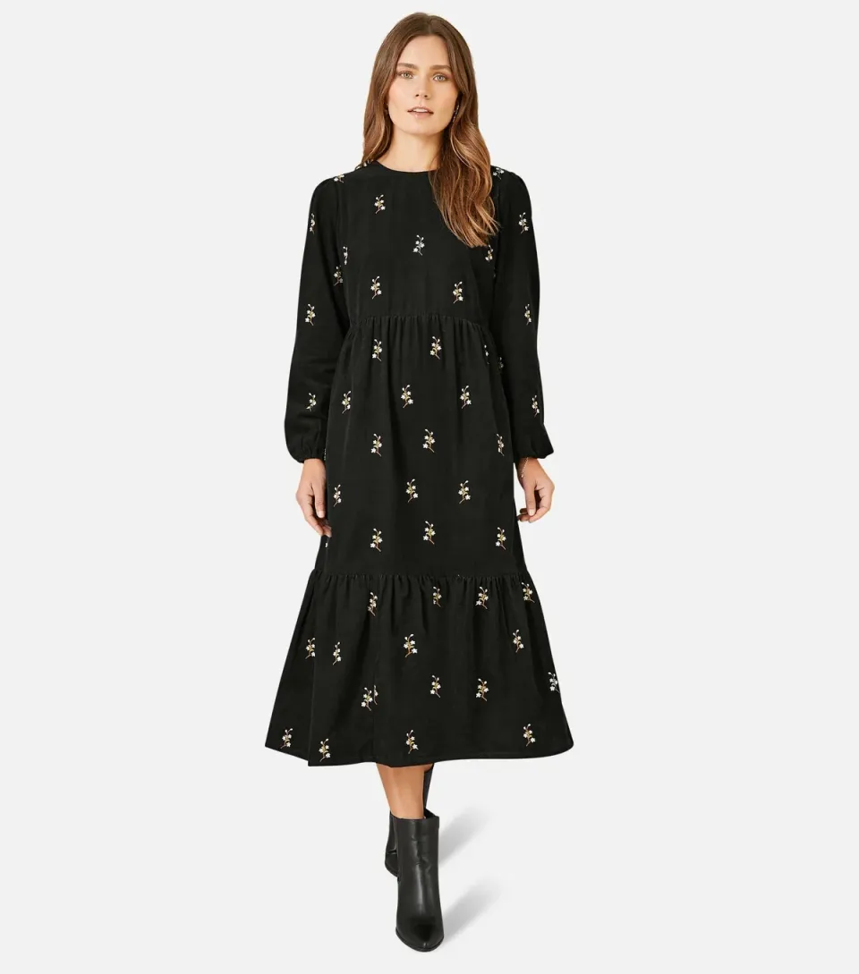 Women's Black Corduroy Floral Embroidered Midi Dress