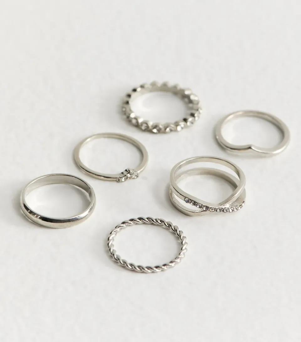 Gold Tone Pack of 6 Diamante Embellished Rings