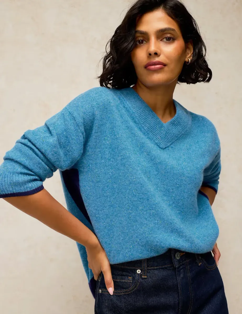 Pure Cashmere Printed V Neck Jumper Bright Blue