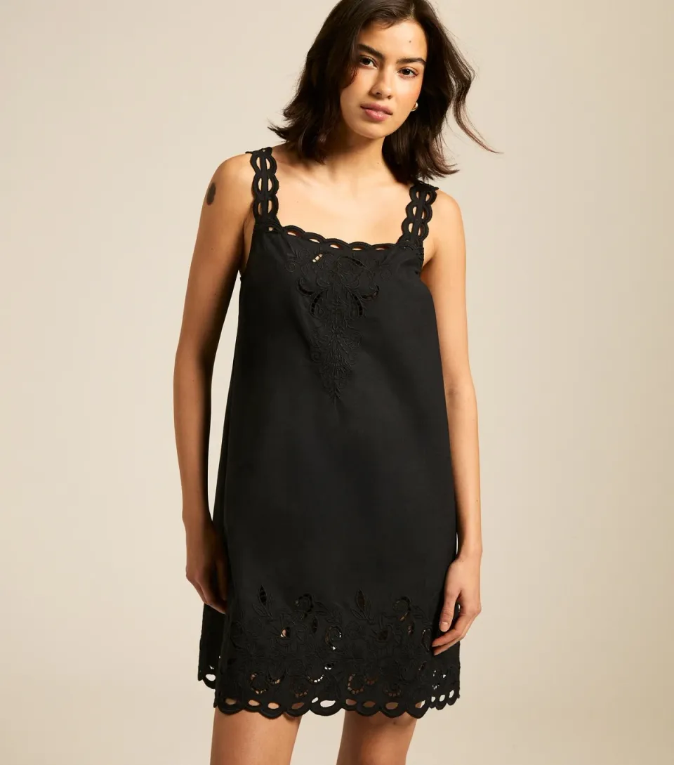 Women's Black Cutwork Embroidered Strappy Mini Dress