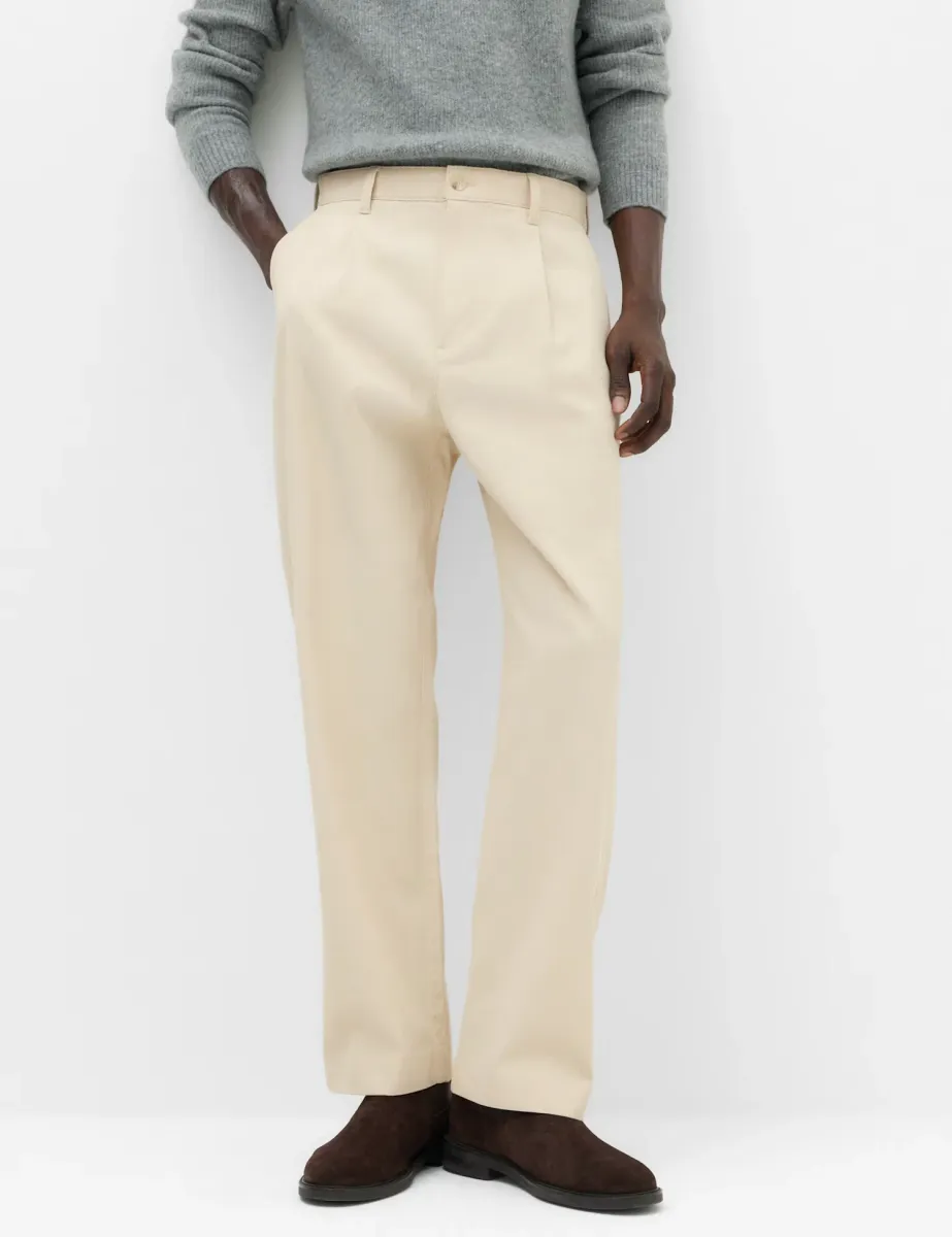 Cotton Rich Relaxed Pleat Front Trousers Light Buff