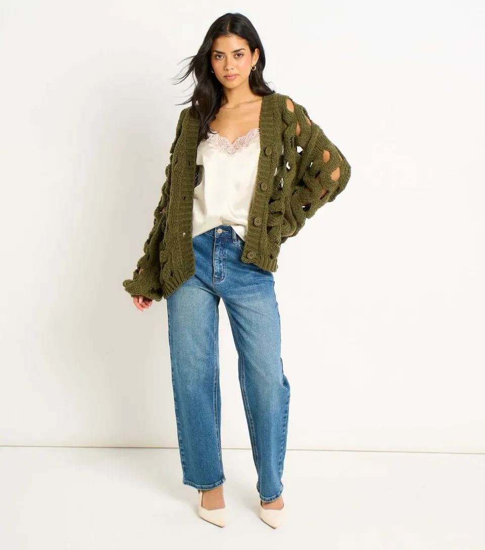 Women's Light Khaki Hollow Chunky Knit Cardigan