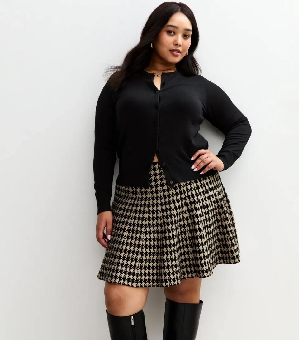 Women's Plus Size Brown Dogtooth Check Mini Skirt Curves