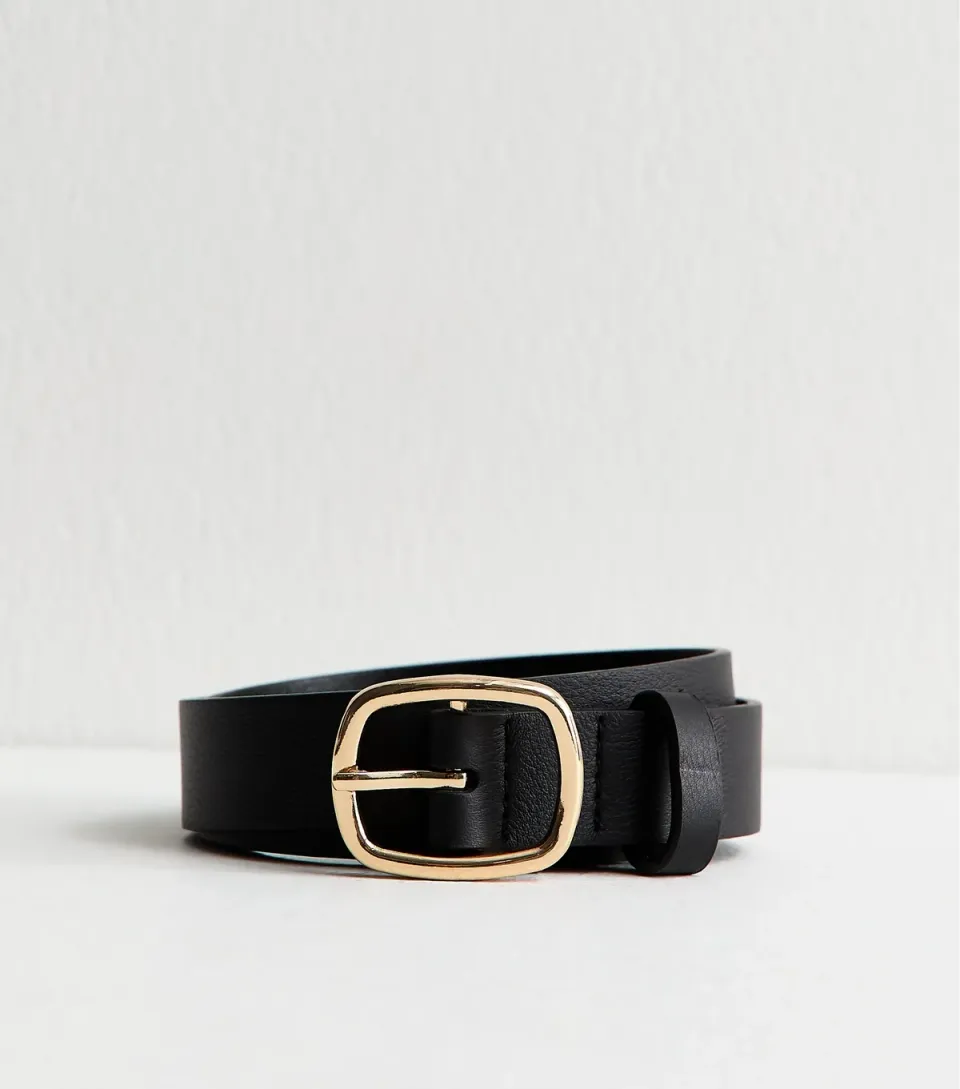 Black Real Leather Rectangle Buckle Belt